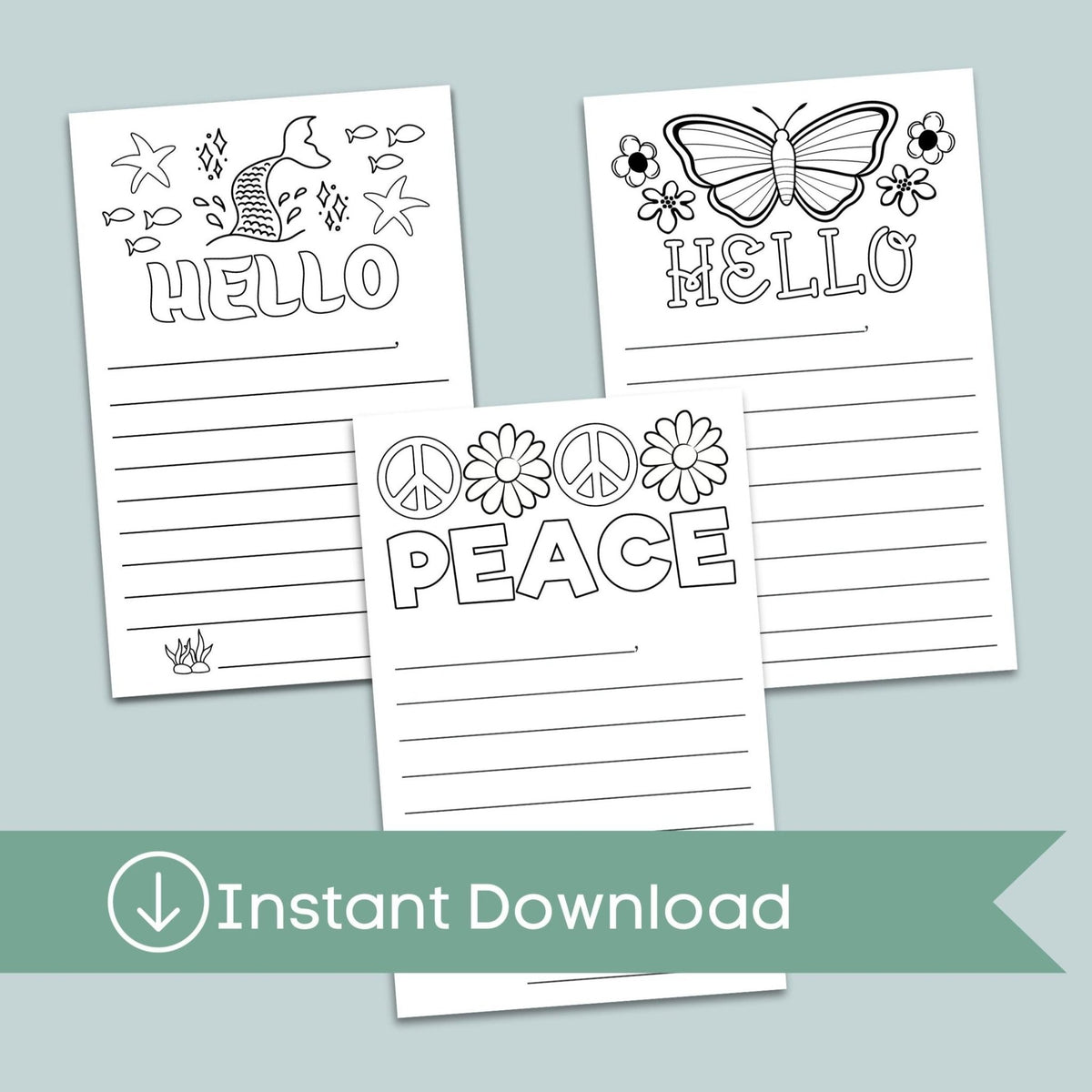 Butterflies, Mermaid, Peace Bundle - Lined Coloring Stationery for Kids - Instant Download - The Note House