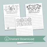Butterflies, Mermaid, Peace Bundle - Lined Coloring Stationery for Kids - Instant Download - The Note House