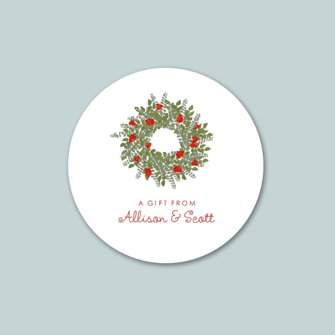 Christmas Wreath - Personalized Round Gift Sticker - The Note House
