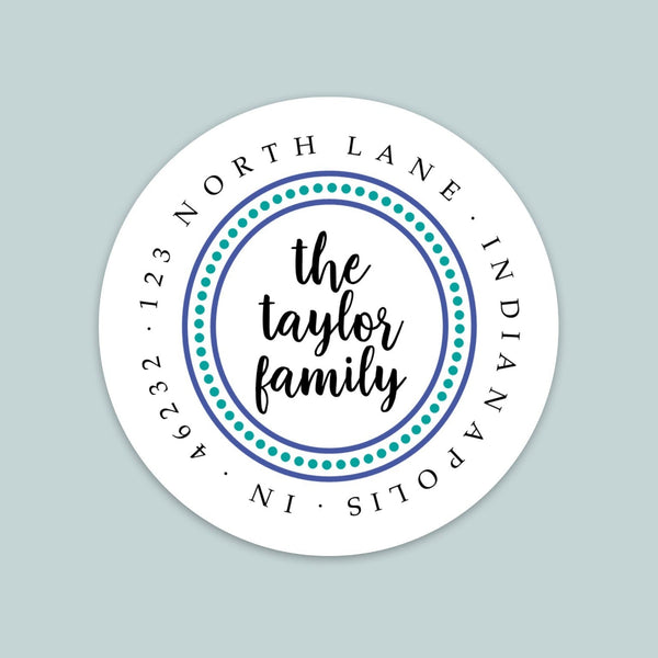 Dotted Border Blue and Teal - Round Address Label - The Note House