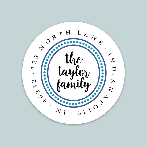 Dotted Border Blue and Teal - Round Address Label - The Note House
