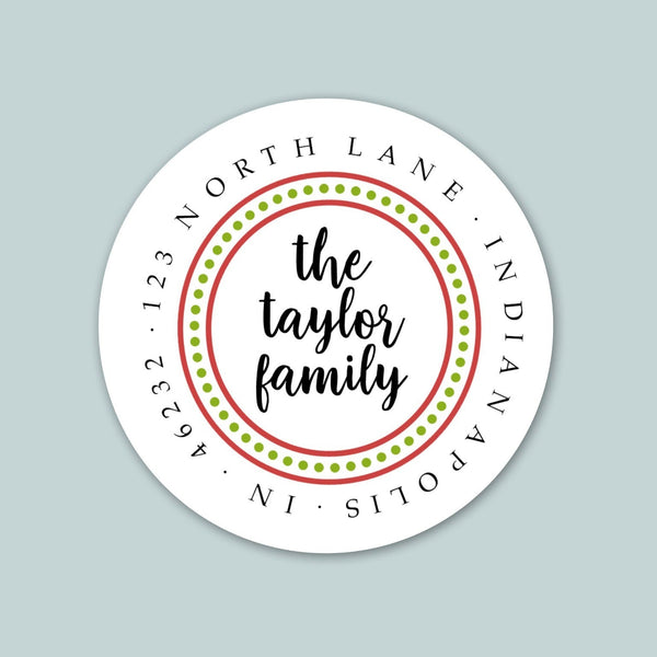 Dotted Border Red and Green - Round Address Label - The Note House