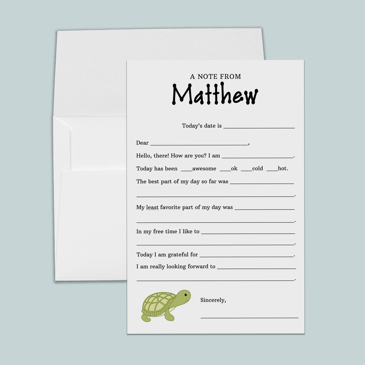 Green Turtle - Personalized Fill-in Letter Template - The Note House