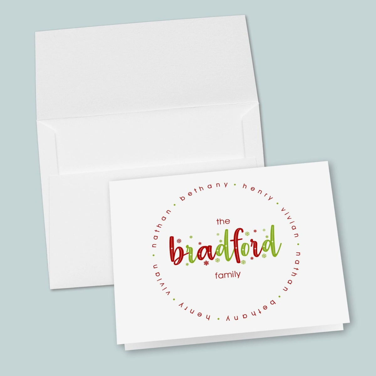 Holiday Red and Green Family Names - Personalized Folded Note Card - The Note House