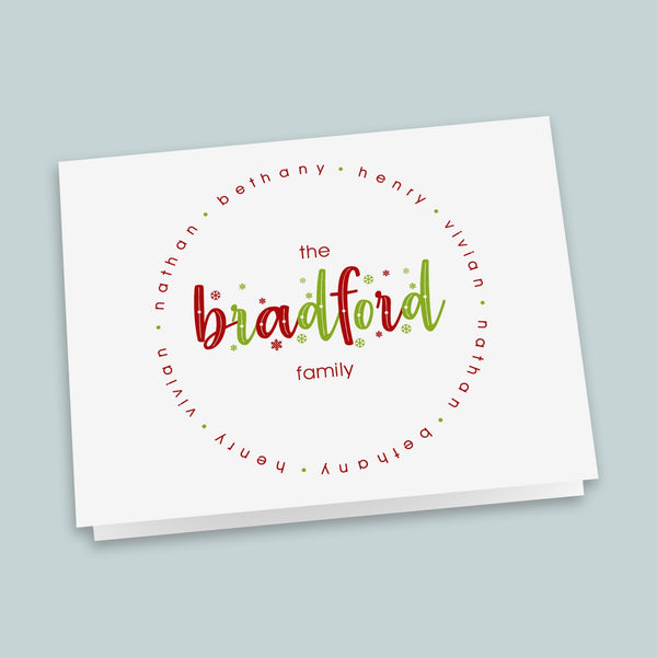 Holiday Red and Green Family Names - Personalized Folded Note Card - The Note House