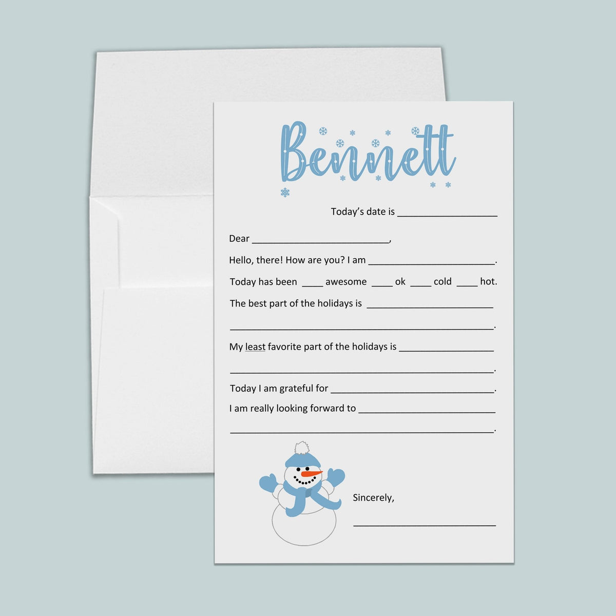 Holiday Snowman Blue - Personalized Fill-in Letter Template - The Note House