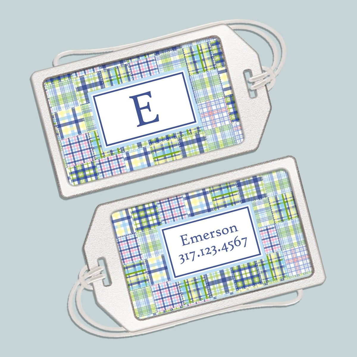 Madras Plaid - Blue and Green - Personalized Acrylic Luggage Tag - The Note House