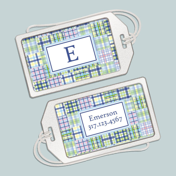 Madras Plaid - Blue and Green - Personalized Acrylic Luggage Tag - The Note House
