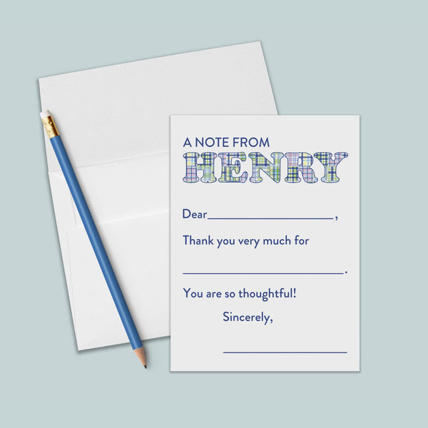 Madras Plaid Blue - Personalized Fill-in-the-Blank Thank You Cards - The Note House