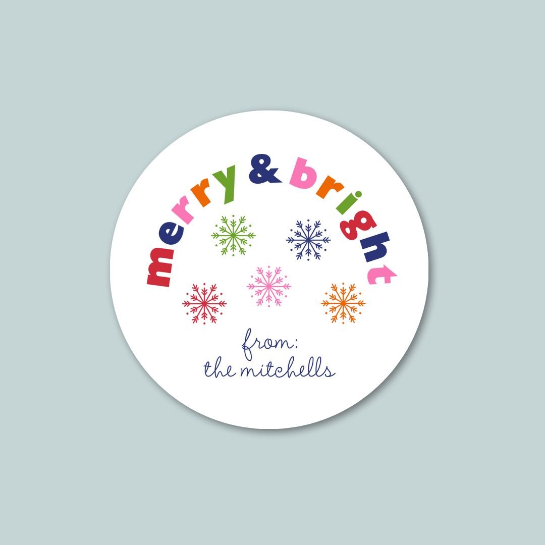 Merry and Bright Snowflakes - Personalized Round Gift Sticker - The Note House