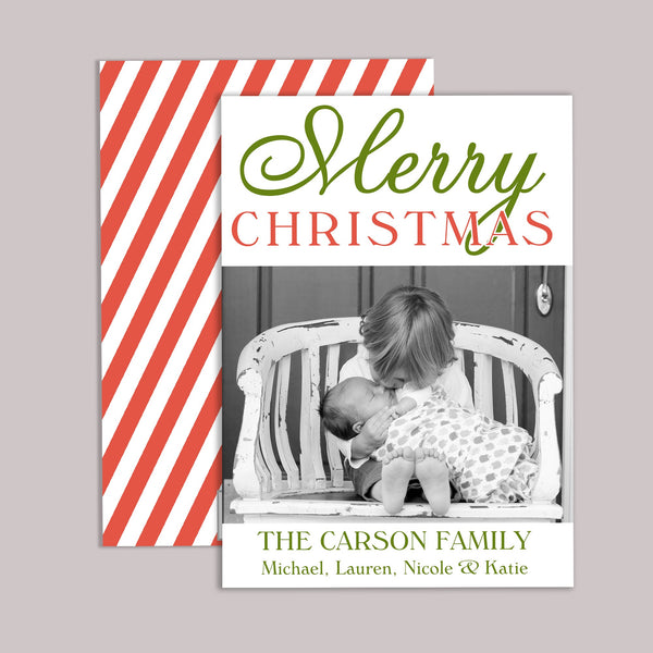 Merry Christmas Stripes - Personalized Photo Card - The Note House