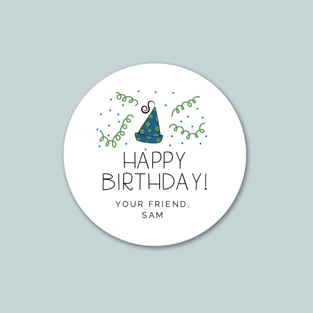 Party Hat Blue and Green - Personalized Round Gift Sticker - The Note House