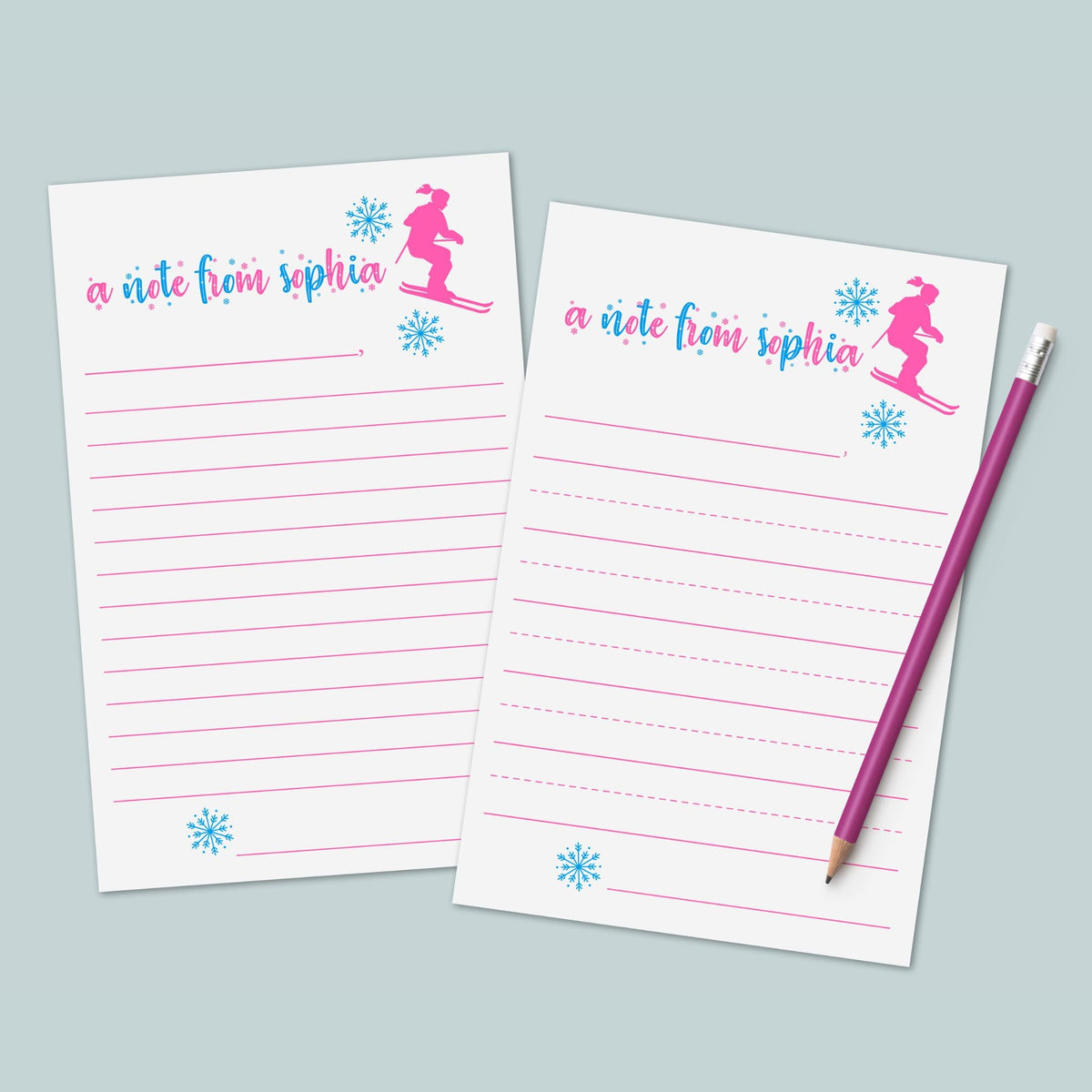 Snow Skiing , Skier Girl - Personalized Lined Letter Writing Stationery - The Note House