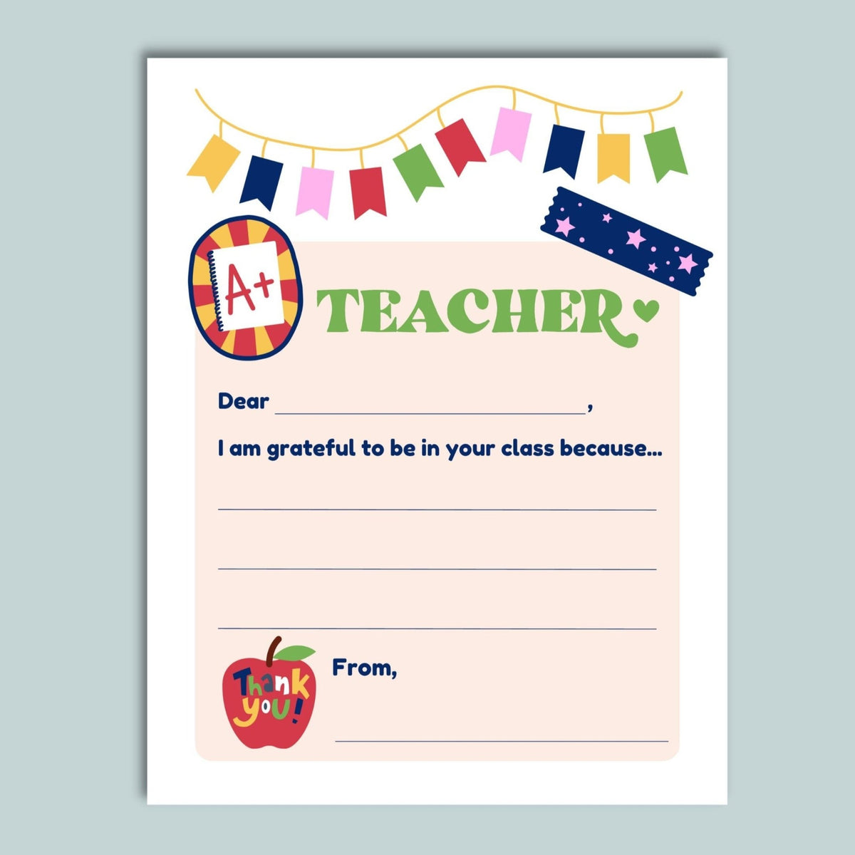 Thank You Teacher Letter - Printable Instant Download - The Note House