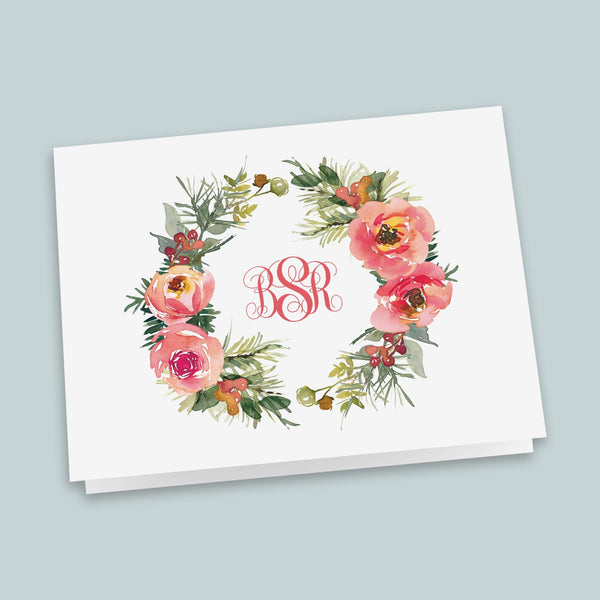 Watercolor Floral Ring Monogram - Personalized Folded Note Card - The Note House